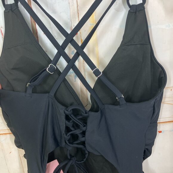 All Sure Women's size M Black Halter Ruched waist One piece swimsuit NWT - Picture 7 of 16